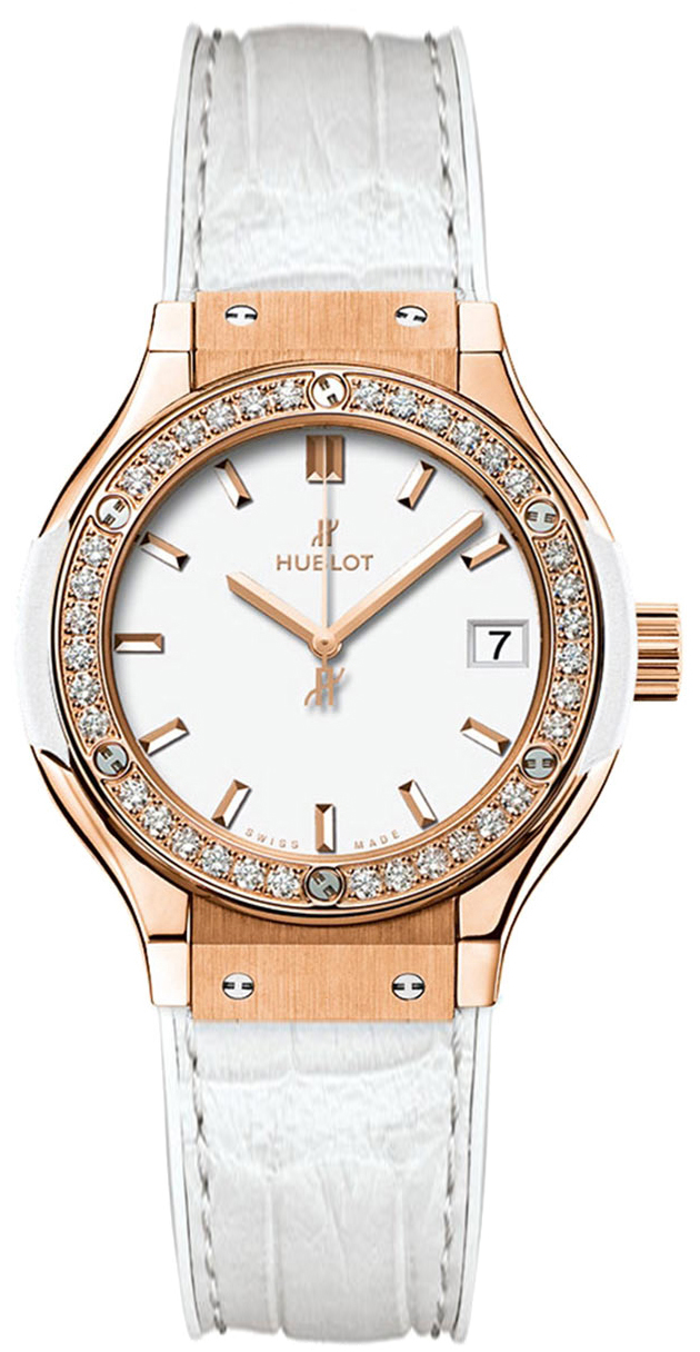 Classic Fusion 33mm Quartz in Rose Gold with Diamond Bezel  On White Alligator Strap wit White Index Dial
