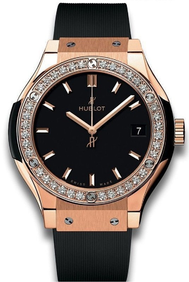 Classic Fusion 33mm Quartz in Rose Gold with Diamond Bezel on Black Rubber Strap with Black Index Dial