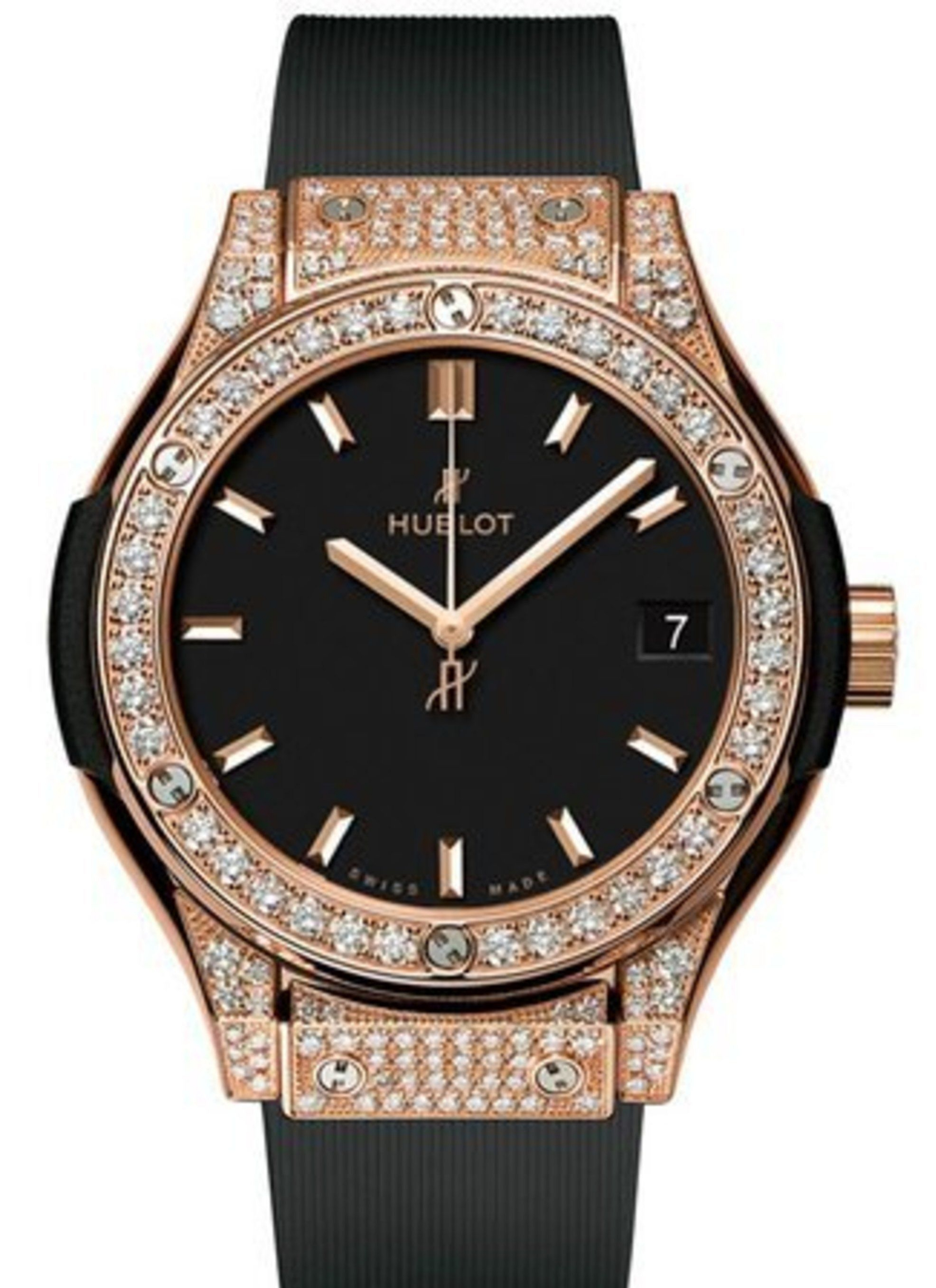 Classic Fusion 33mm Quartz in Rose Gold with Diamonds On Black Rubber Strap with Black Index Dial