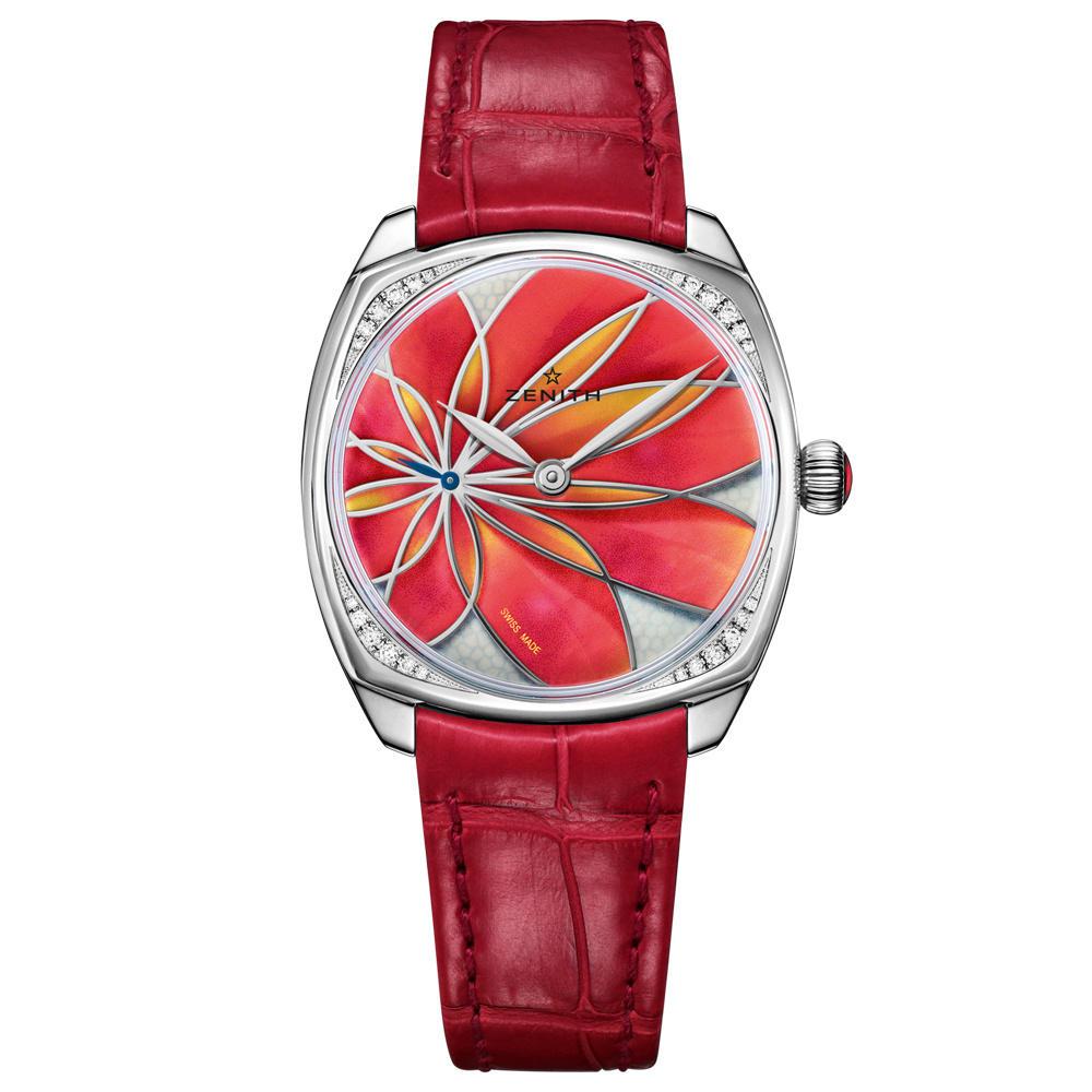 Star Ladies 33mm Automatic in Steel On Red Alligator Leather Strap with Mother of Pearl Orange Flower Diamond Dial