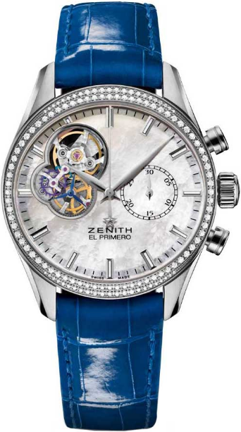 El Primero Chronomaster in Steel with Diamond Bezel On Blue Alligator Leather Strap with Mother of Pearl Dial