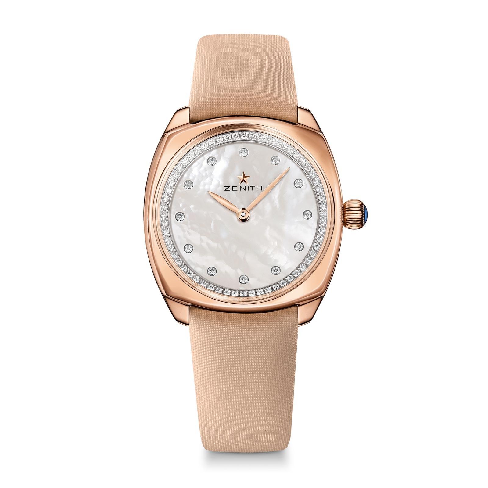 Star Elite Ladies 33mm Automatic in Rose Gold with Diamonds On Beige Satin Strap with Mother of Pearl Diamond Dial