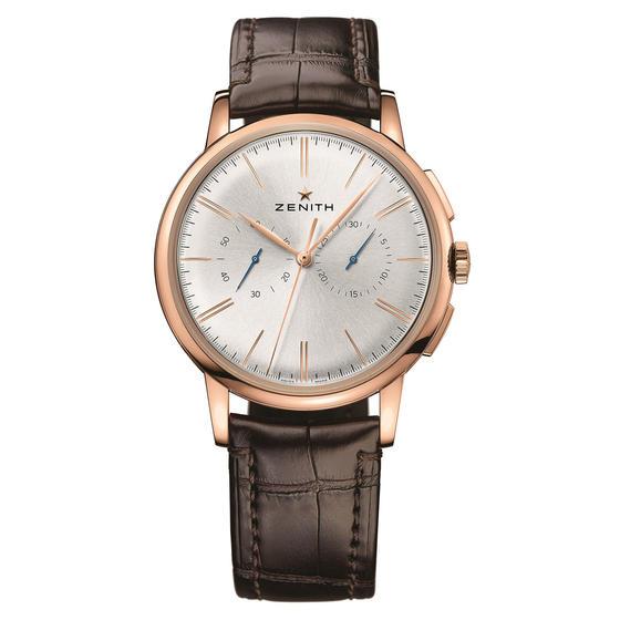 Elite Chronograph Classic in Rose Gold On Brown Alligator Leather Strap with Silver Dial