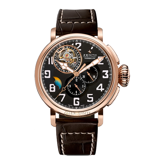 Pilot Type 20 Tourbillon in Rose Gold On Brown Alligator Leather Strap with Black Arabic Open Dial