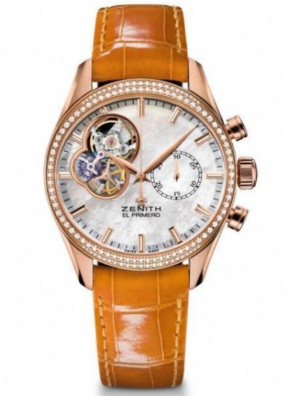 El Primero Chronomaster in Rose Gold with Diamond Bezel On Orange Crocodile Leather Strap with White Mother of Pearl Dial