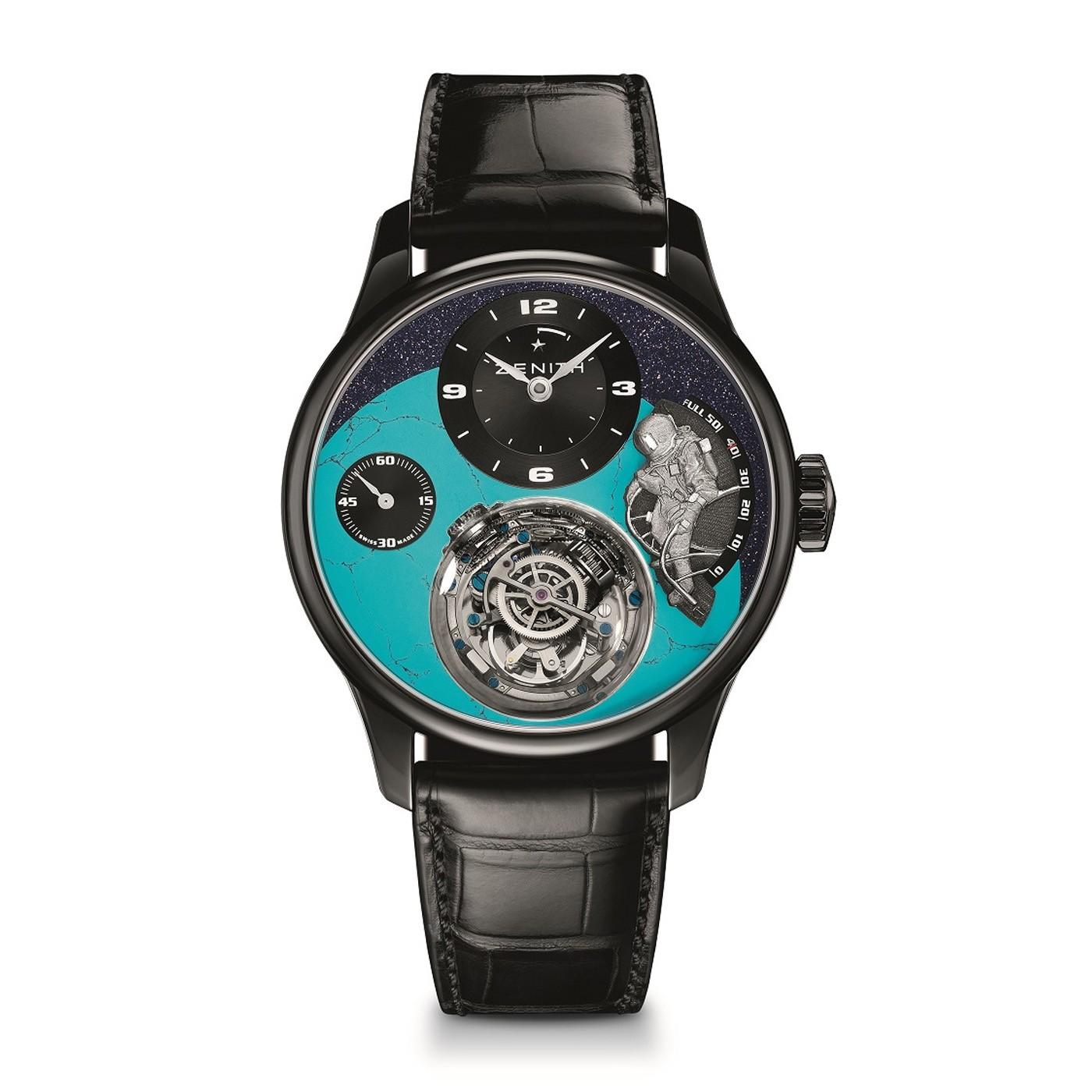 Academy Christoph Colomb in Platinum on Black Crocodile Leather Strap with Open Enamel Blue Dial