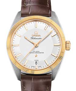 Constellation Globemaster Co-Axial Master Chronometer in Steel with Yellow Gold Flute on Brown Alligator Leather Strap with Silver Dial