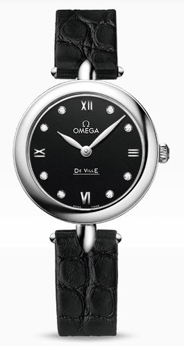 Deville Prestige Quartz Ladies 27.4mm Quartz in Steel On Black Alligator Strap with Black Diamond Dial