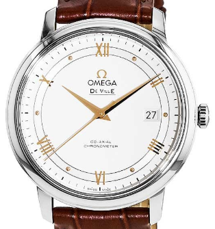 De Ville Prestige Co-Axial mens Automatic in Steel On Brown Alligator Strap with Silver Dial Gold Markers