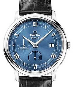De Ville Prestige Co-Axial 39.5mm in Steel On Black Alligator Strap with Blue Roman Dial