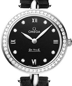 Deville Prestige Ladies 27.4mm Quartz in Steel with Diamond Bezel On Black Alligator Strap with Black Diamond Dial