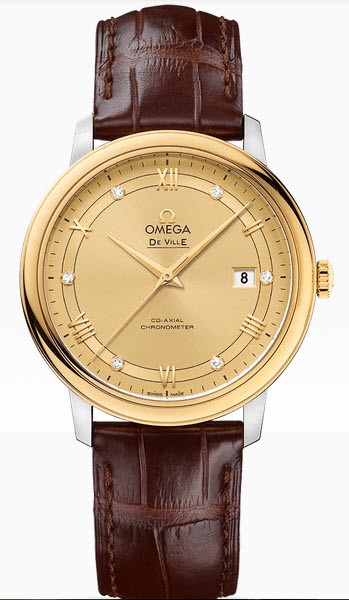 Deville Prestige Ladies Automatic in Steel with Yellow Gold On Brown Alligator Strap with Champagne Diamond Dial