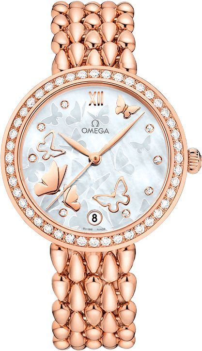 De Ville Prestige 32.7 in Rose Gold with Diamond Bezel On Rose Gold Bracelet with White MOP Decorated Dial