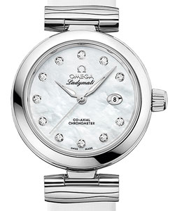 Deville Ladymatic Co-Axial 34mm Automatic in Steel on White Satin Strap with White Mother of Pearl Diamond Dial