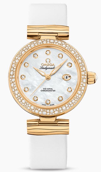 Deville Ladymatic Co-Axial Ladies 34mm Automatic in Yellow Gold with Diamond Bezel On White Satin Strap with White Mother of Pearl Diamond Dial