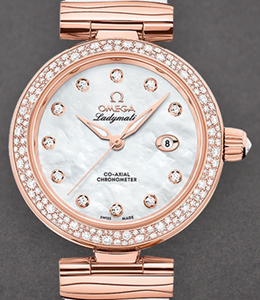 Deville Ladymatic Co-Axial Ladies 34mm Automatic in Rose Gold with Diamond Bezel On White Satin Strap with White Mother of Pearl Diamond Dial