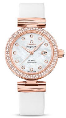 Deville Ladymatic Co-Axial Ladies 34mm Automatic in Rose Gold with Diamond Bezel On White Satin Strap with White Mother of Pearl Diamond Dial