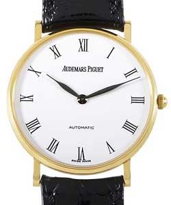 Classic Round Extra Thin in Yellow Gold On Black Alligator Strap with White Roman Dial