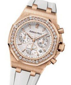 Royal Oak Offshore 37mm  in Rose Gold with Diamond Bezel On White Rubber Strap with Silver Dial