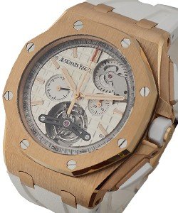 Royal Oak Offshore Tourbillon in Rose Gold on White Rubber Strap with Silver Textured Dial