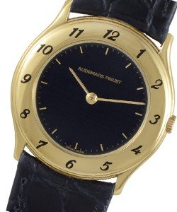 Ladies Vintage Round in Yellow Gold On Black Leather Strap with Black Dial