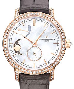Patrimony Traditionelle Moonphase and Power Reserve Mens 36mm Manual in Rose Gold On Black Alligator Strap with Mother of Pearl Dial - Diamond Bezel