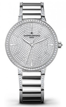 Patrimony Ladies 36.5mm Automatic in White Gold with Diamond Bezel On bracelet with Pave Diamond Dial 