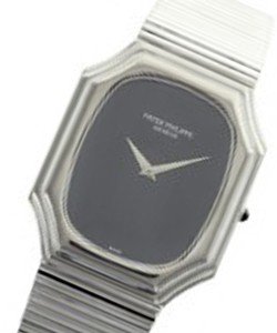 Vintage Rectangular Octagonal - Circa 1970's On White Gold Bracelet with Onyx Dial
