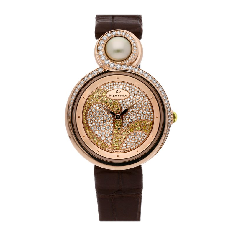 Lady 8 Cloverleaf 35mm Automatic in Rose Gold with Partial Diamond Bezel On Brown Alligator Strap with Pave Diamond Dial
