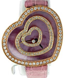 Happy Heart  in Yellow Gold with Custom added Diamond Bezel on Pink Alligator Leather Strap with Pink Mother of Pearl Dial