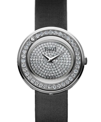 Possession in White Gold with Diamonds Bezel on Black Satin Strap with Pave Diamond Dial