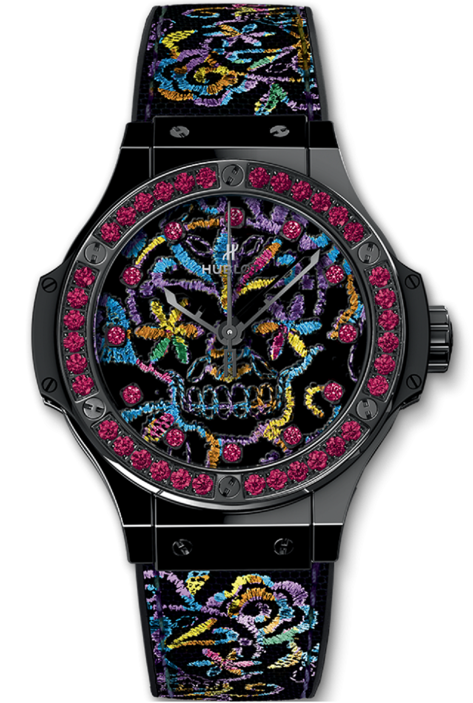 Big Bang Broderie Sugar Skull 41mm Automatic in Black Ceramic with Pink Gemstone Bezel on Black Rubber Strap with Carbon Fiber Multicolor Dial
