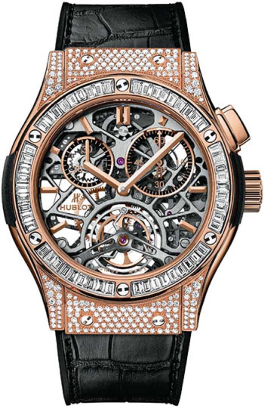 Classic Fusion Aerofusion Chronograph 45mm in Rose Gold with Baguette Diamond Bezel On Black Alligator Strap with Skeleton Dial