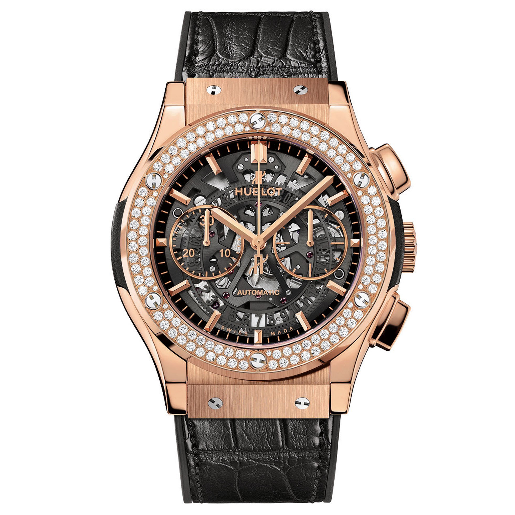 Classic Fusion Aero Chronograph 45mm Automatic in Rose Gold with Diamond Bezel On Black Alligator Strap with Skeleton Dial