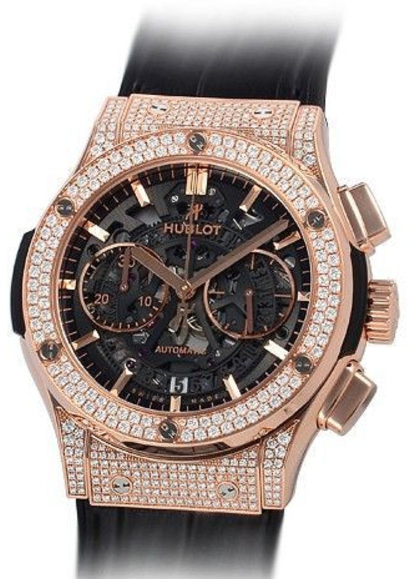 Classic Fusion Aero Chronograph 45mm in Rose Gold with Diamond Bezel On Black Alligator Strap with Black Skeleton Dial