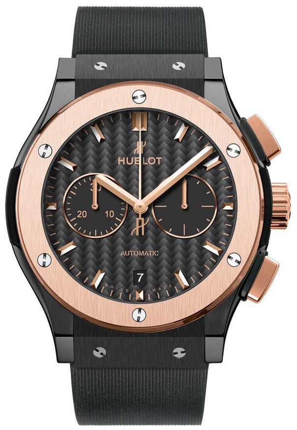 Classic Fusion Chronograph 45mm Automatic in Black Ceramic with Rose Gold Bezel On Black Rubber Strap with Black Carbon Fiber Dial