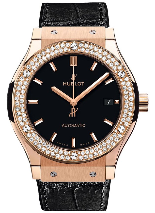 Classic Fusion 42mm Automatic in Rose Gold with Diamond Bezel on Black Leather Strap with Black Dial