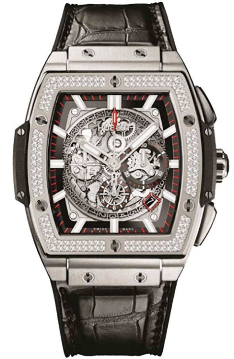Spirit of Big Bang Automatic in Satin Finished Titanium with Diamond Bezel On Black Alligator Strap with Skeleton Dial