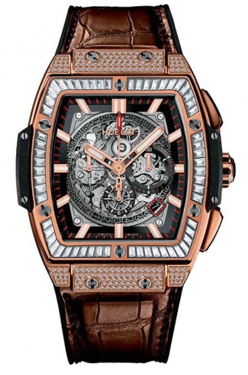 Spirit of Big Bang Automatic in Rose Gold with Diamond Bezel On Brown Alligator Strap with Skeleton Dial