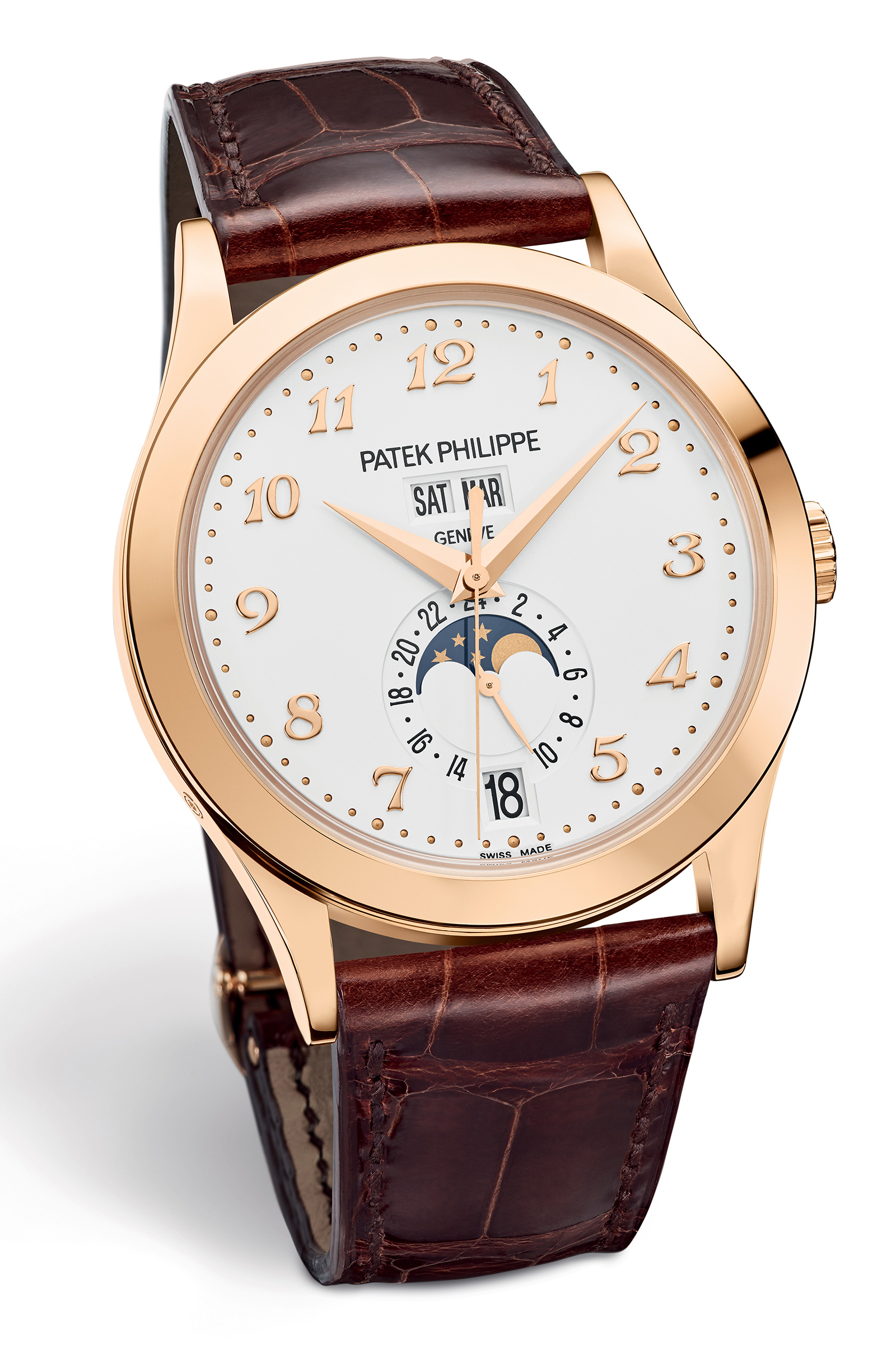Annual Calendar 5396 in Rose Gold On Brown Alligator Leather Strap with Silver Opaline Dial