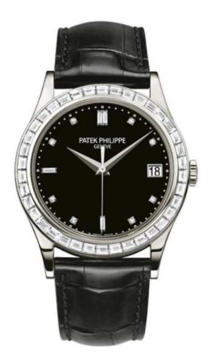 Calatrava 5298 38mm Automatic in Platinium with Baguette Diamond Bezel on Black Crocodile Leather with Black Lacquered Dial