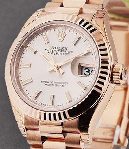 Datejust 28mm Automatic in Rose Gold with Fluted Bezel on President Bracelet with Sundust Stick Dial