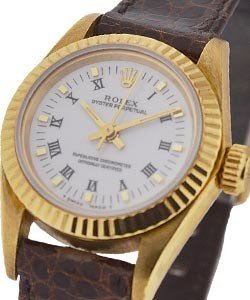 Oyster Perpetual No Date in Yellow Gold with Fluted Bezel on Strap with White Roman Dial