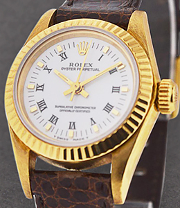 Oyster Perpetual No Date in Yellow Gold with Fluted Bezel on Strap with White Roman Dial