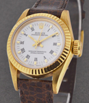 Oyster Perpetual No Date in Yellow Gold with Fluted Bezel on Strap with White Roman Dial