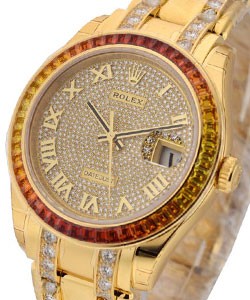 Masterpiece 39mm in Yellow Gold with Diamond Bezel on Pearlmaster Diamond Bracelet with Pave Diamond Dial - Roman Markers