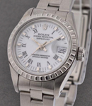 Ladies Datejust 26mm in Steel with Engine Turned Bezel on Oyster Bracelet with White Roman Dial