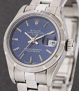 Ladys Date - 26mm - Finely Engine Turned Bezel on Oyster Bracelet with Blue Stick Dial
