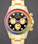 Daytona - Yellow Gold with Rainbow Bezel on Oyster Bracelet with Black Diamond Dial