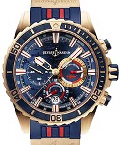 Marine Diver Chronograph  Hammerhead Shark 44mm  in Rose Gold On Blue Rubber Strap with Blue Dial